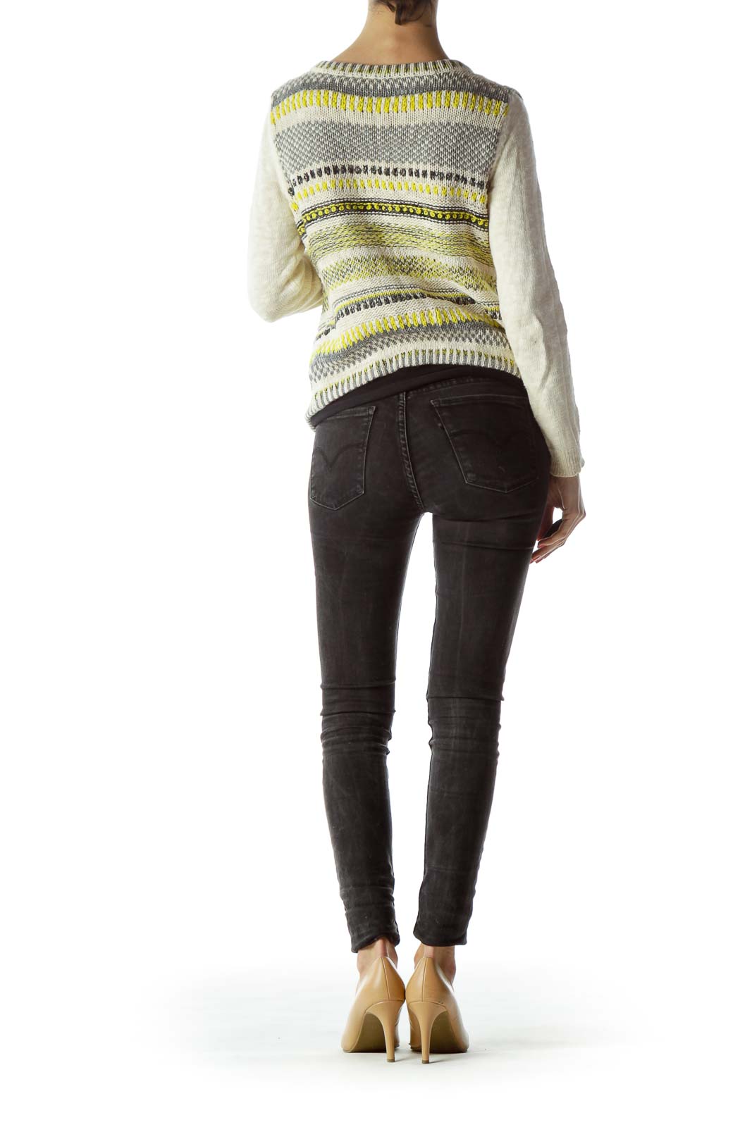 Cream Gray Yellow Black Metallic Thread Open Sweater