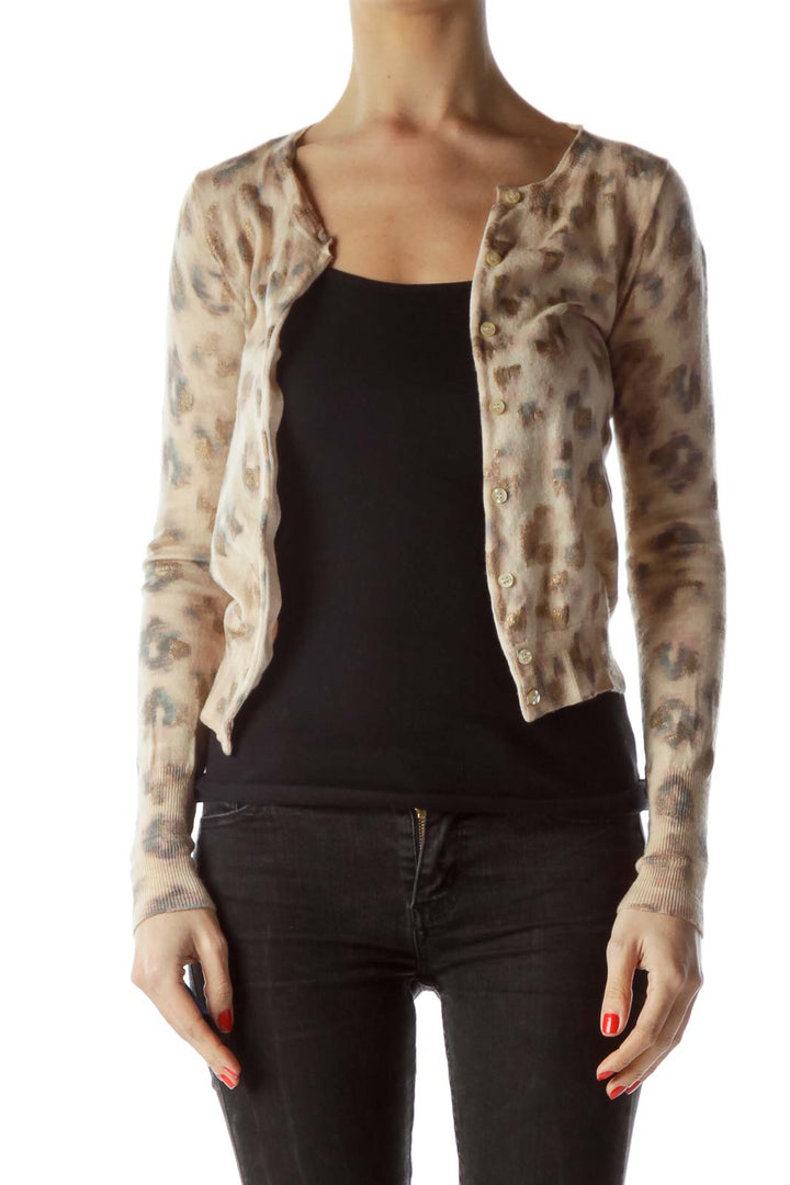 Front view of J.Crew beige leopard print cropped cardigan