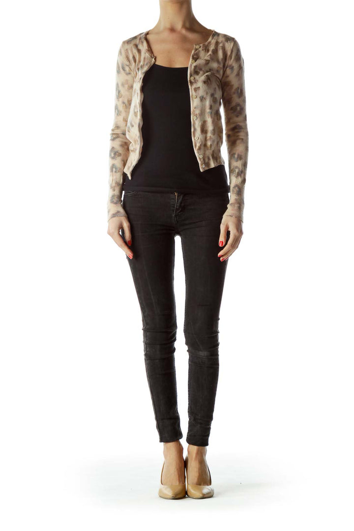 Front view of J.Crew beige leopard print cropped cardigan