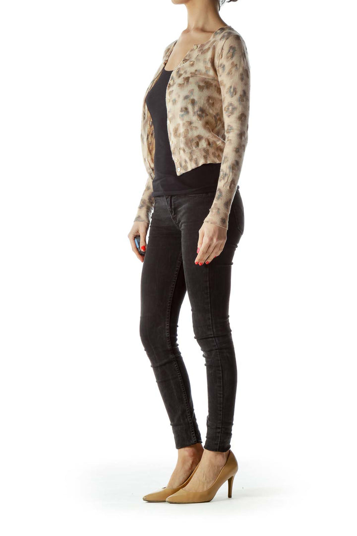 Front view of J.Crew beige leopard print cropped cardigan