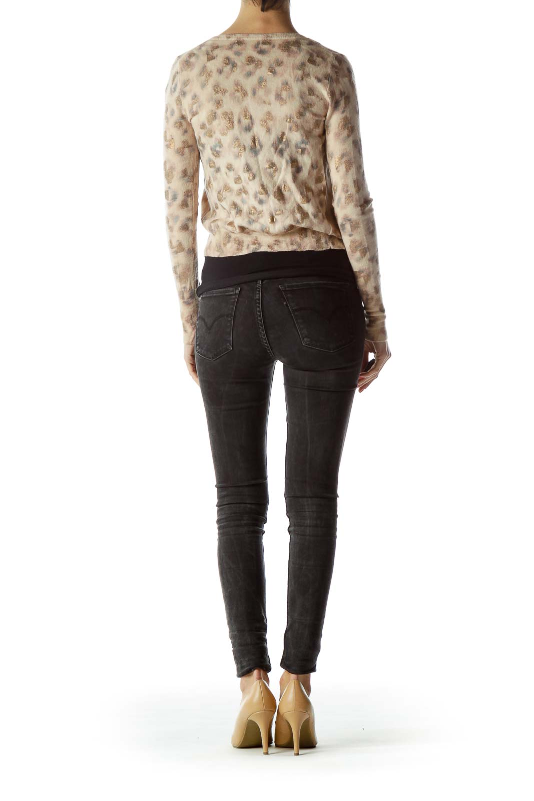 Back view of J.Crew beige leopard print cropped cardigan on model