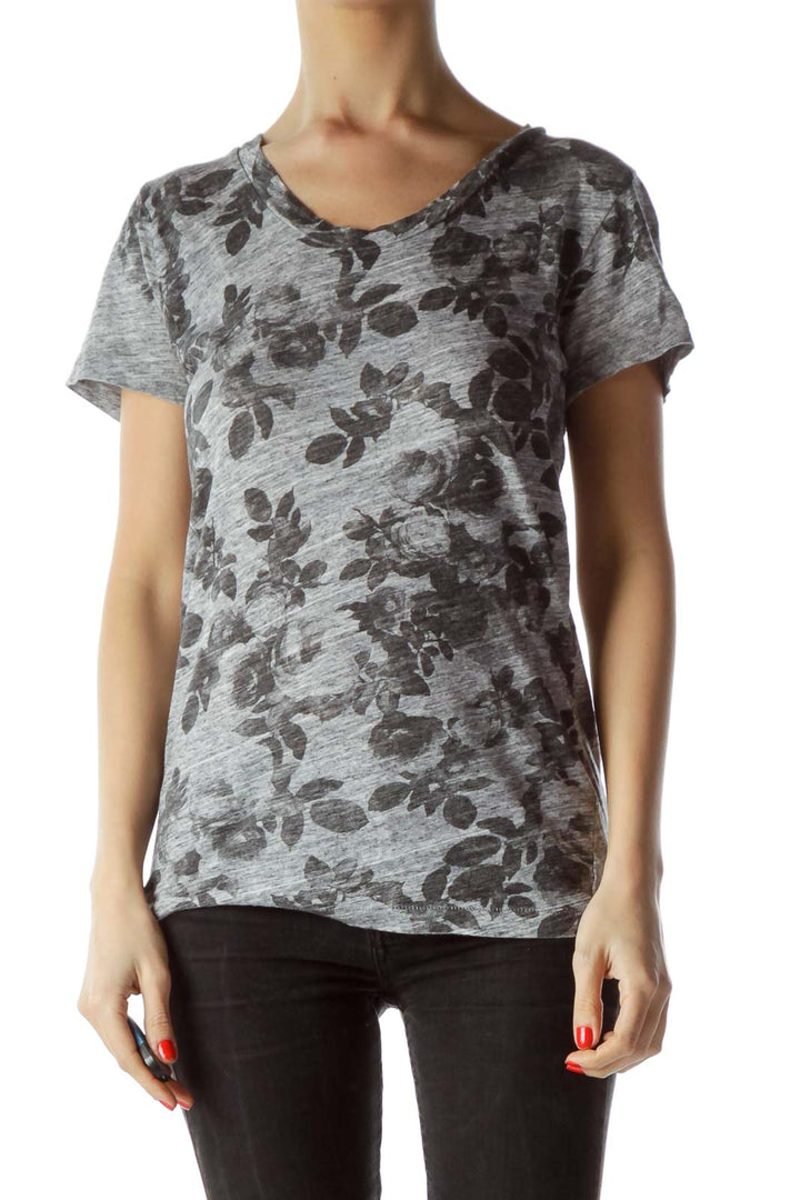 Black Gray Floral Print T-Shirt