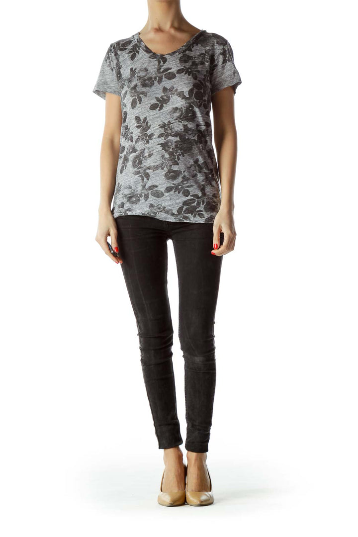 Black Gray Floral Print T-Shirt