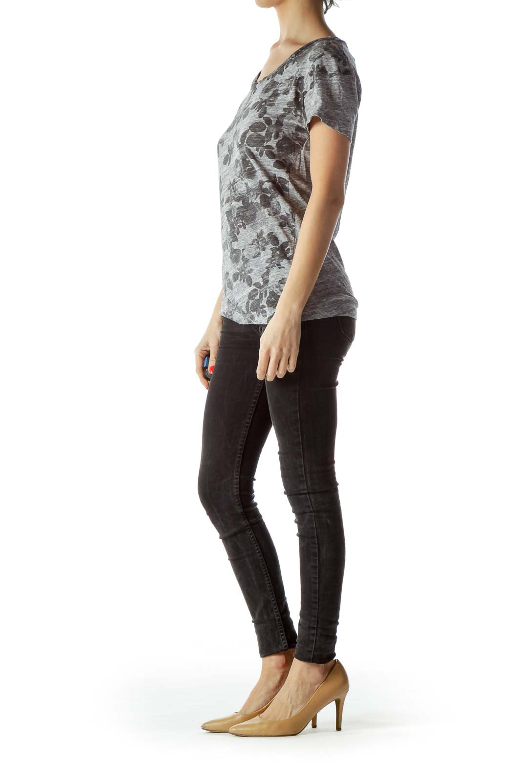 Black Gray Floral Print T-Shirt