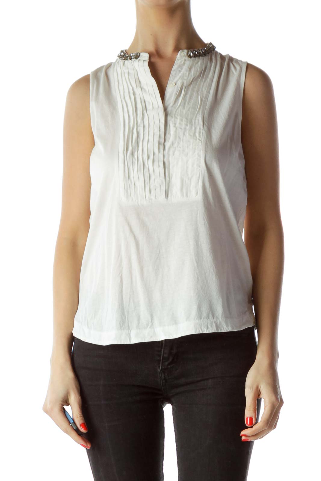 Front view of J.Crew white sleeveless blouse with pleated front and embellished collar