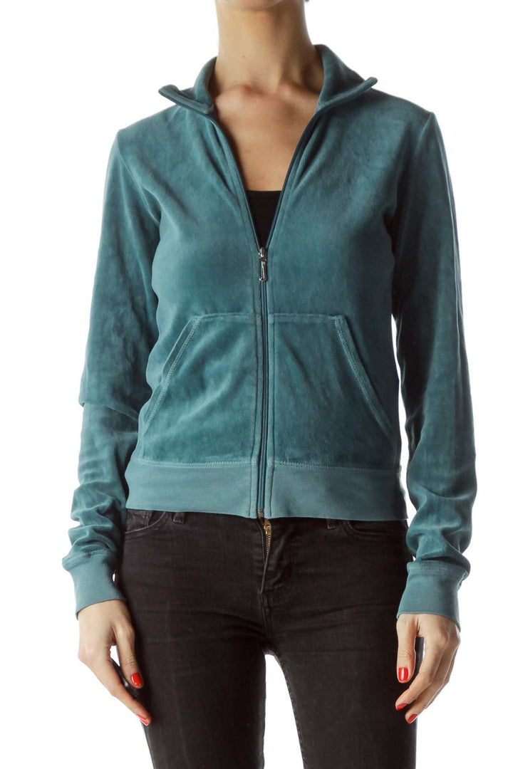 Teal Blue Zippered Collared Fitted Jacket