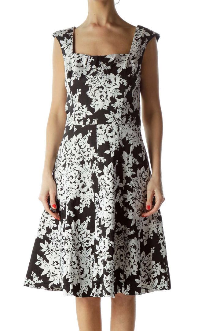 Front view of Black and White Floral A-Line Dress from White House Black Market