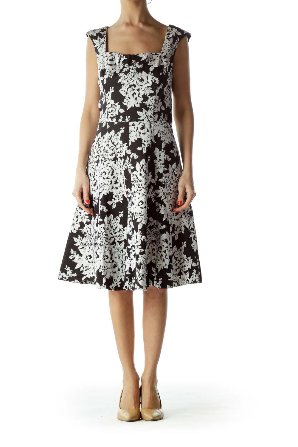 Front view of Black and White Floral A-Line Dress from White House Black Market