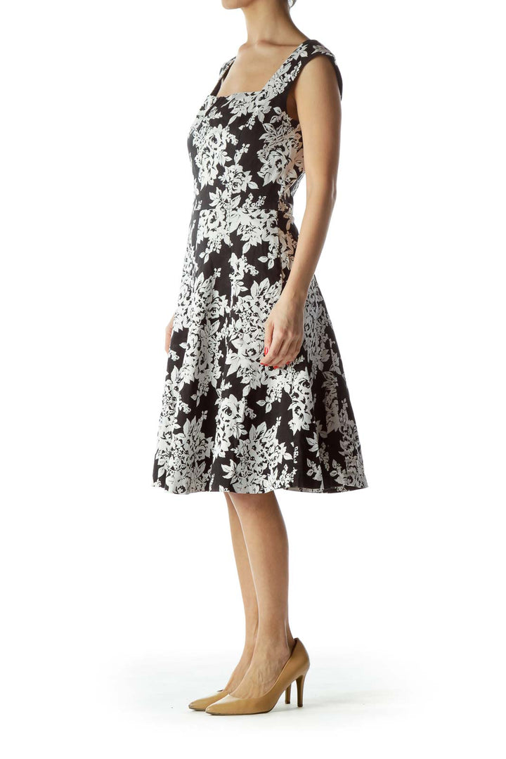 Front view of Black and White Floral A-Line Dress from White House Black Market