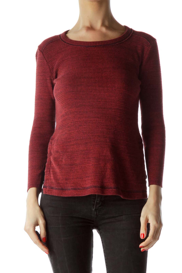 Red Sides Buttoned Long Sleeve Knit Top