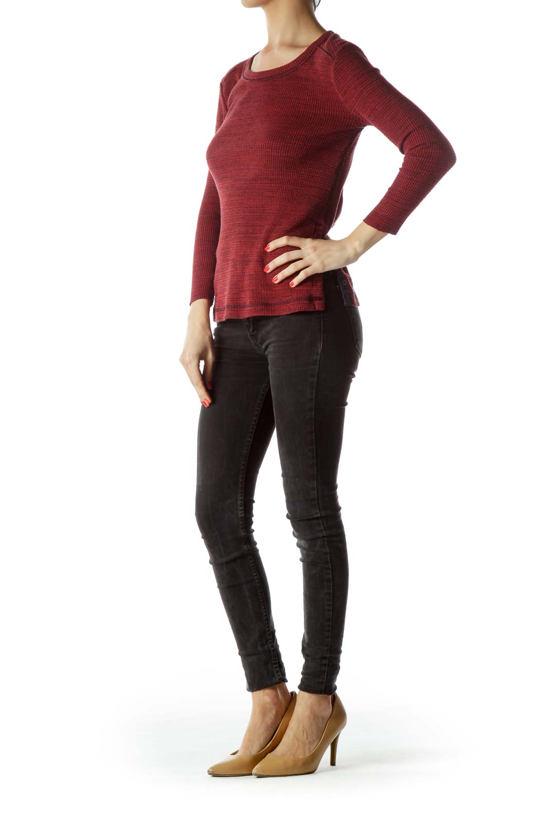 Red Sides Buttoned Long Sleeve Knit Top