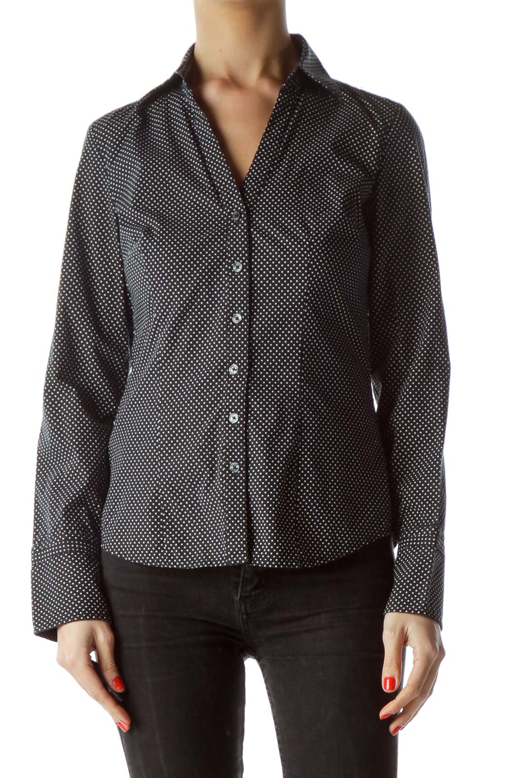 Front view of Express Design Studio black polka dot button-up shirt