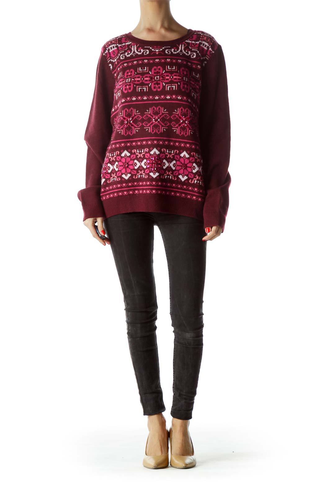 Burgundy Magenta Embellished Sweater