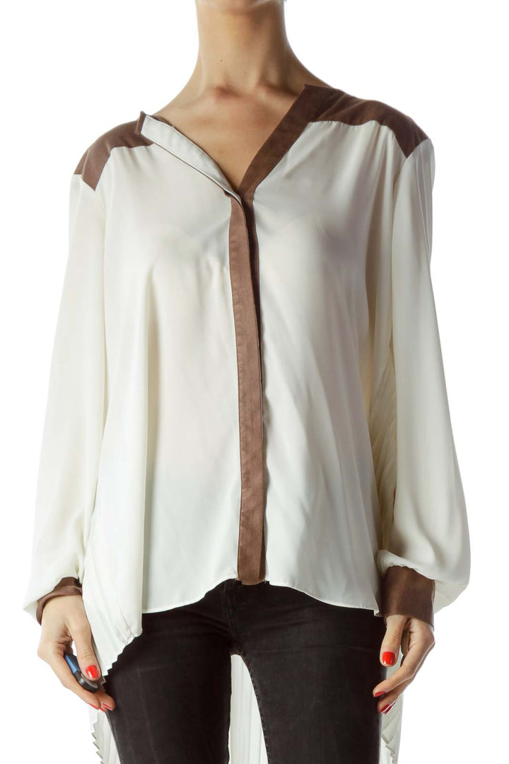 Cream Brown Neckline Back Pleats Flared Shirt