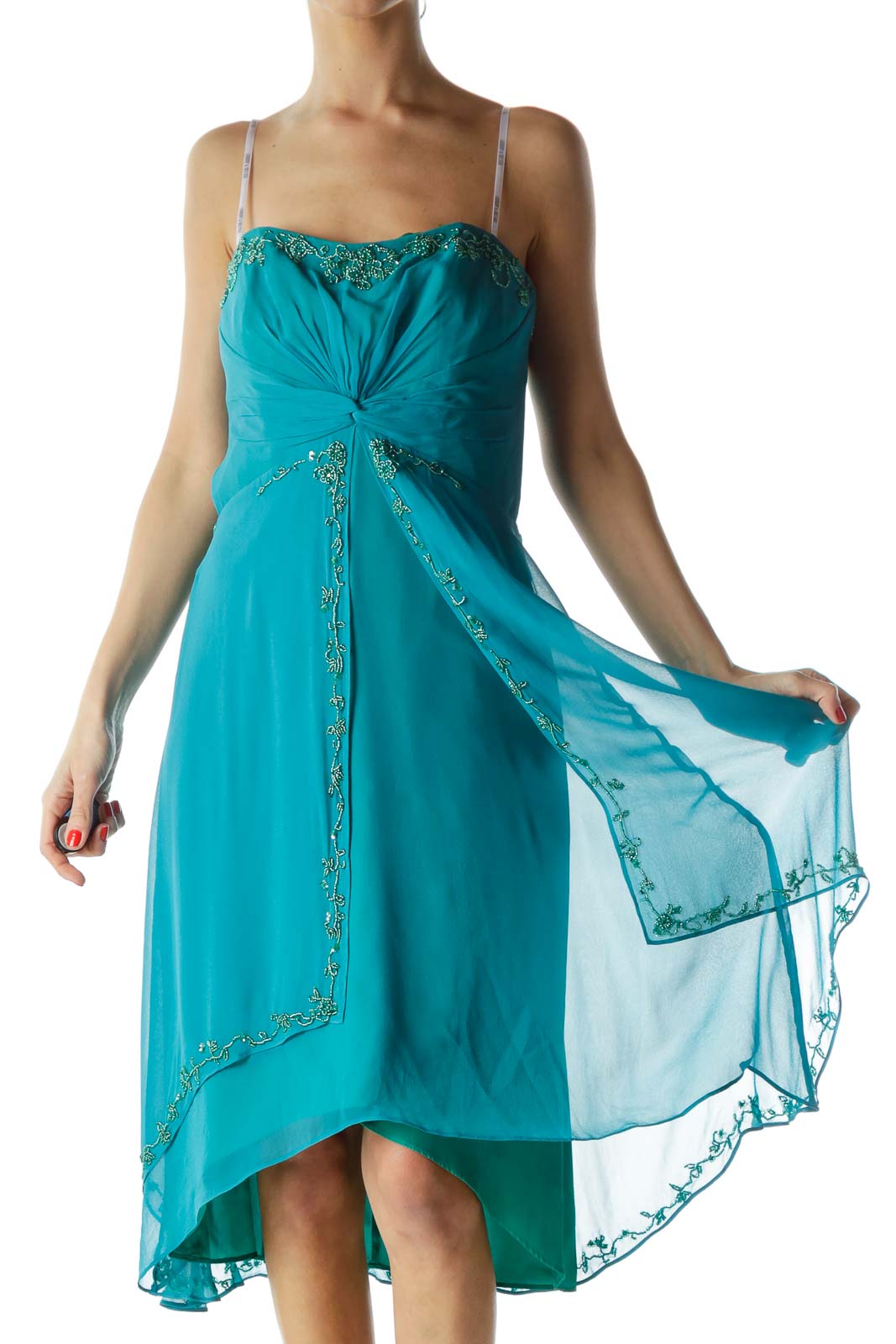 Front view of teal LAUNDRY by SHELLI SEGAL cocktail dress with beaded embellishments and high-low hemline