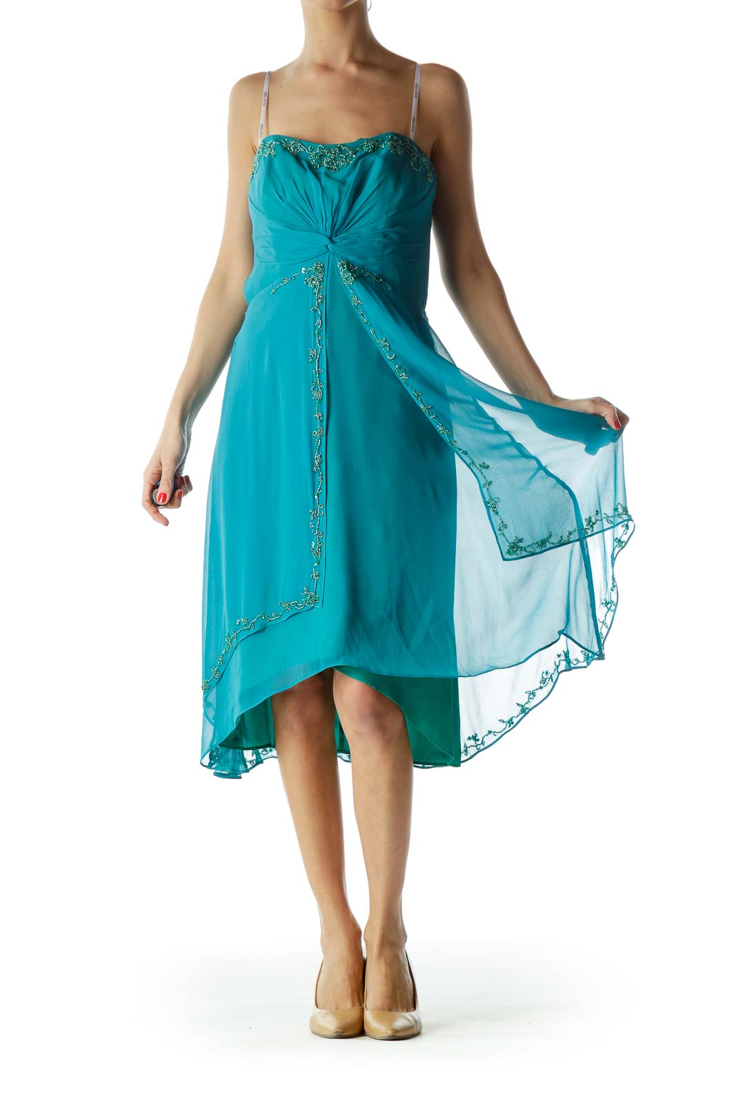 Front view of teal LAUNDRY by SHELLI SEGAL cocktail dress with beaded embellishments and high-low hemline