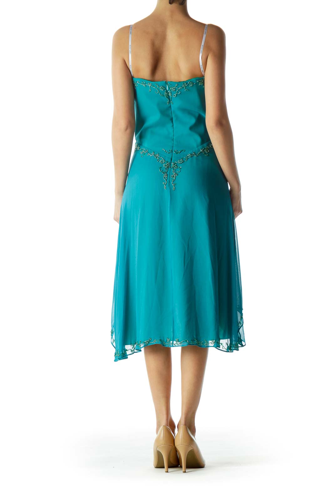 Back view of teal LAUNDRY by SHELLI SEGAL cocktail dress showing spaghetti straps and flowing high-low skirt