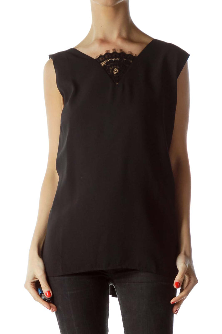 Black V-Neck Lace Accent Sleeveless Blouse