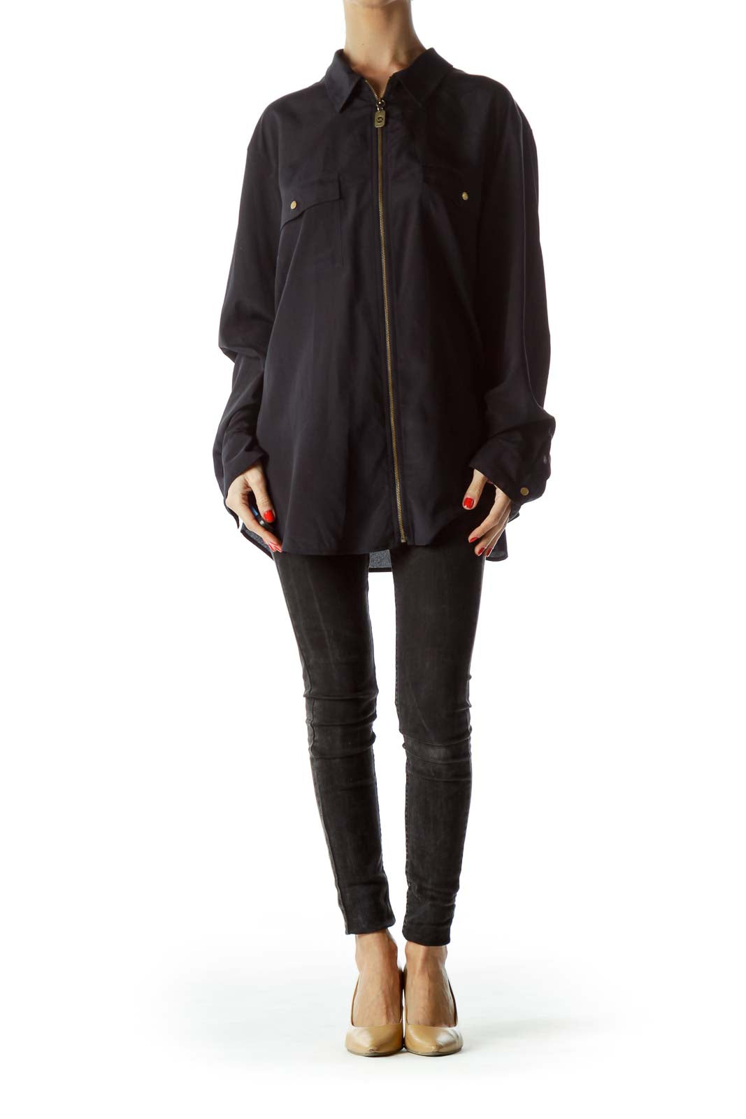 Black Gold Metallic Accents Zippered Shirt