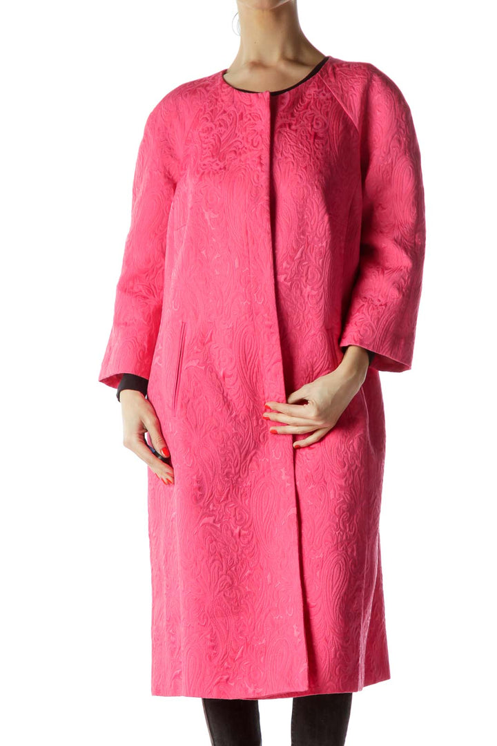 Pink Jacquard Paisley 3/4 Sleeve Long Coat