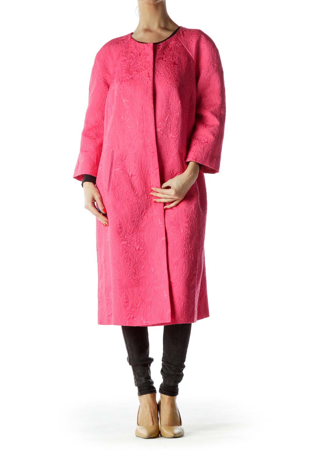 Pink Jacquard Paisley 3/4 Sleeve Long Coat