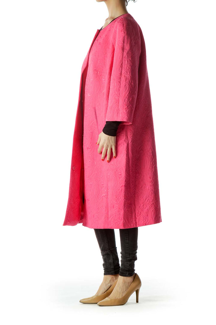 Pink Jacquard Paisley 3/4 Sleeve Long Coat