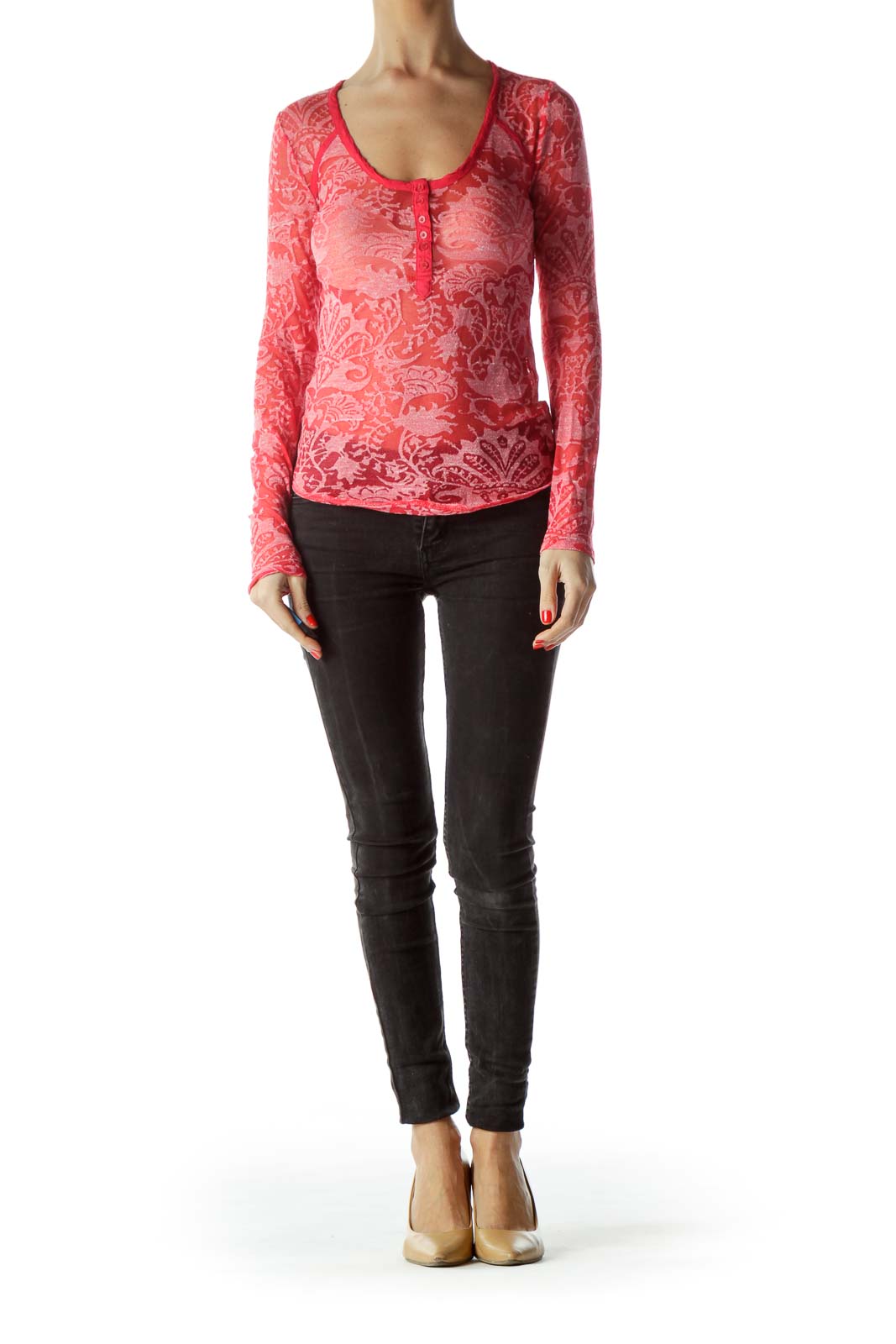 Red Pink See-Through Knit Top