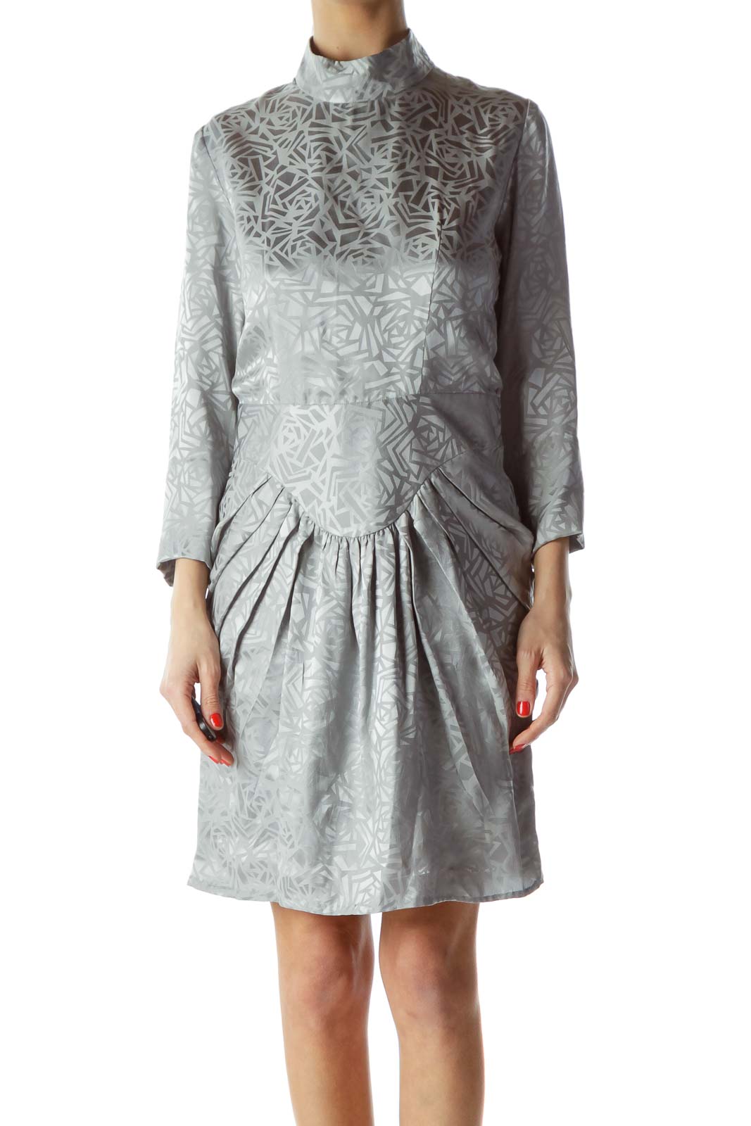 Front view of Pisamai Harrington silver floral jacquard mock neck dress with gathered skirt