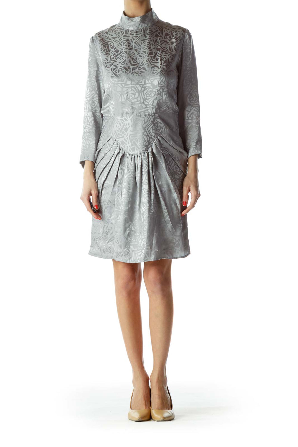 Front view of Pisamai Harrington silver floral jacquard mock neck dress with gathered skirt