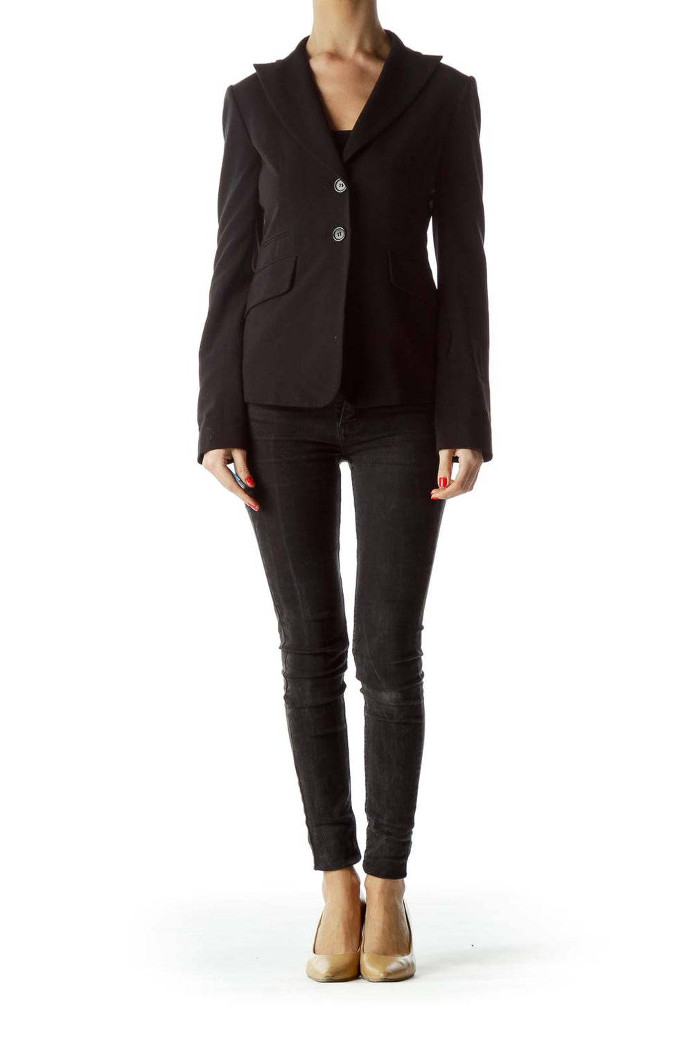 Front view of BCBG MaxAzria black tailored blazer jacket