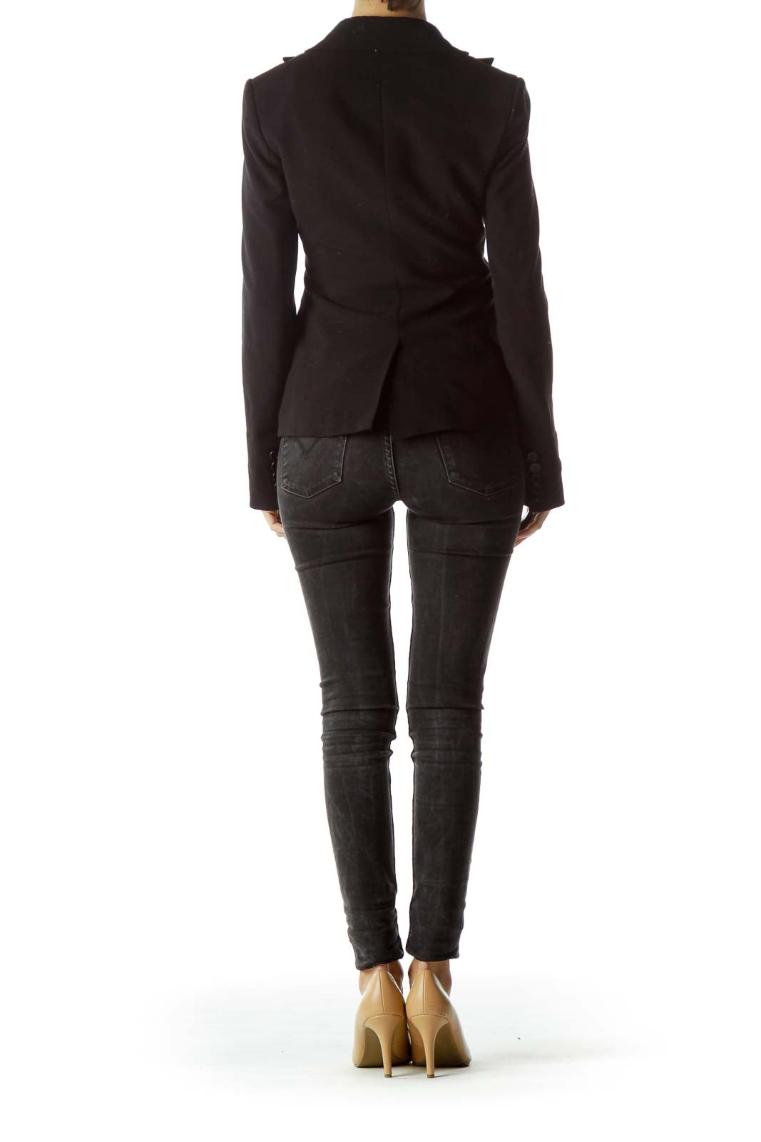 Back view of BCBG MaxAzria black tailored blazer jacket on model