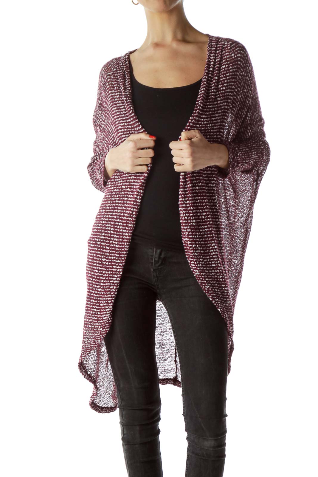 Front view of Fantastic Fawn burgundy textured knit open-front cardigan