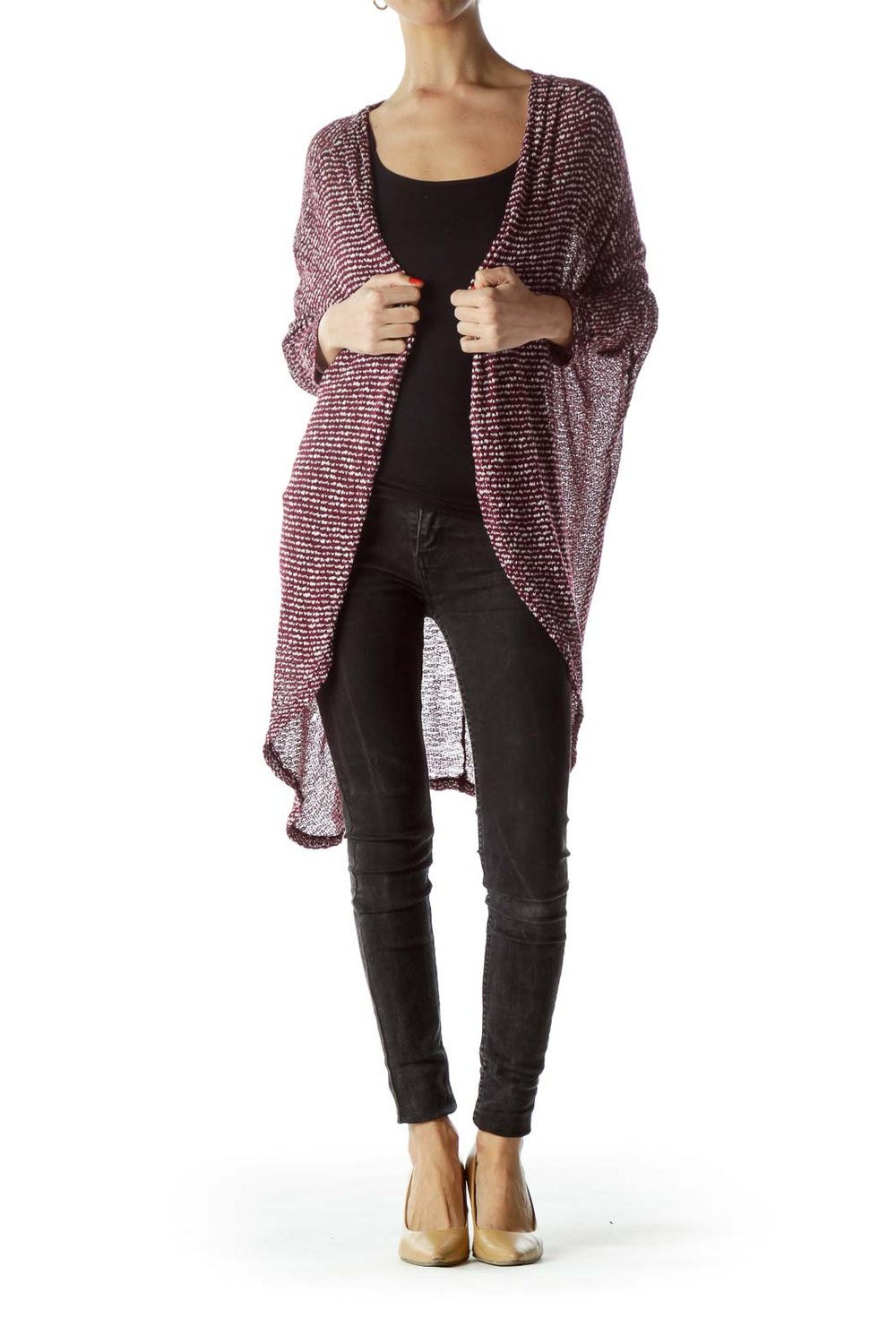 Front view of Fantastic Fawn burgundy textured knit open-front cardigan