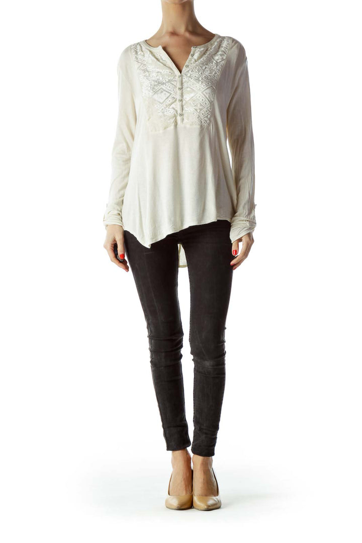 Cream Front Jacquard Buttoned Long Sleeve Top