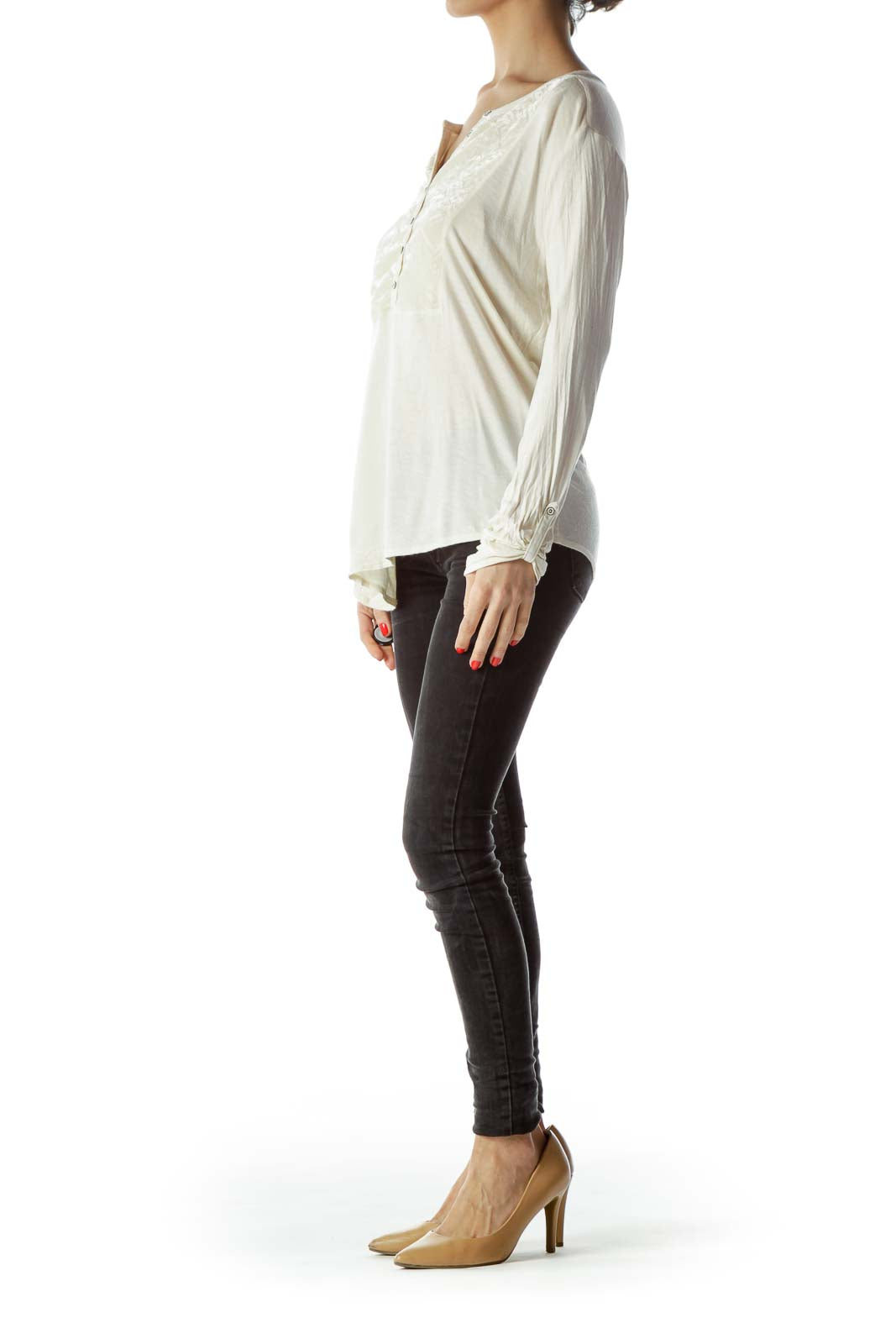 Cream Front Jacquard Buttoned Long Sleeve Top