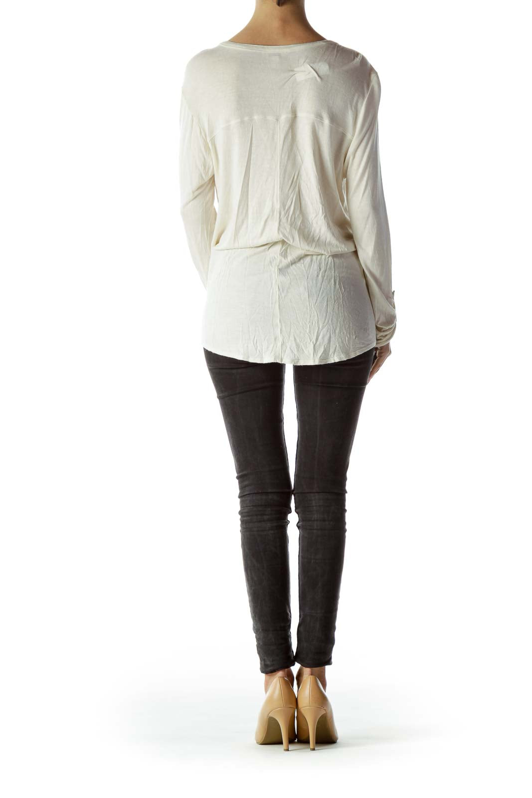 Cream Front Jacquard Buttoned Long Sleeve Top