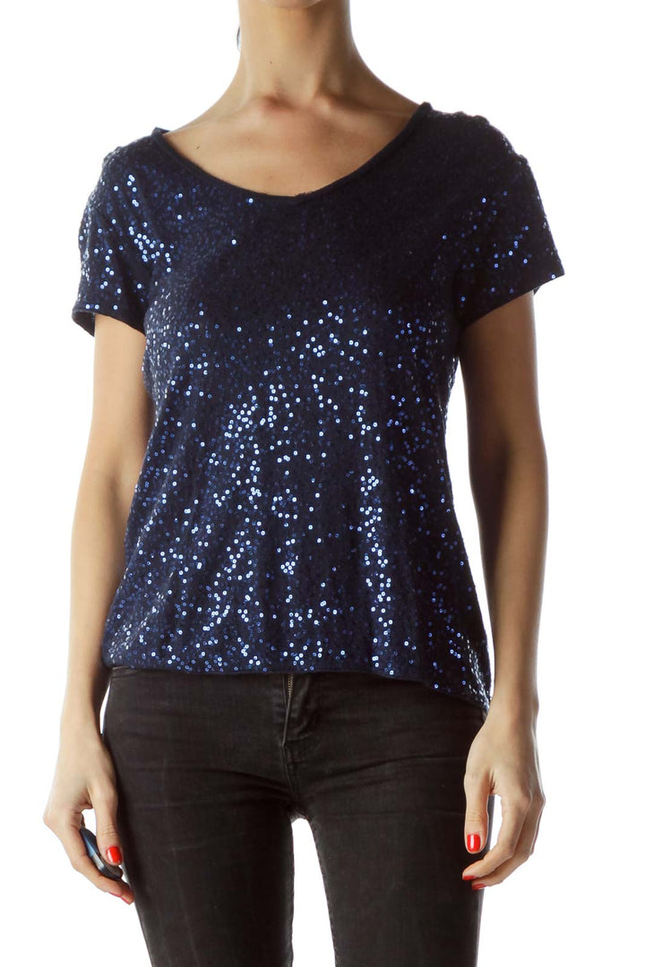 Blue Sequined Short Sleeve T-Shirt