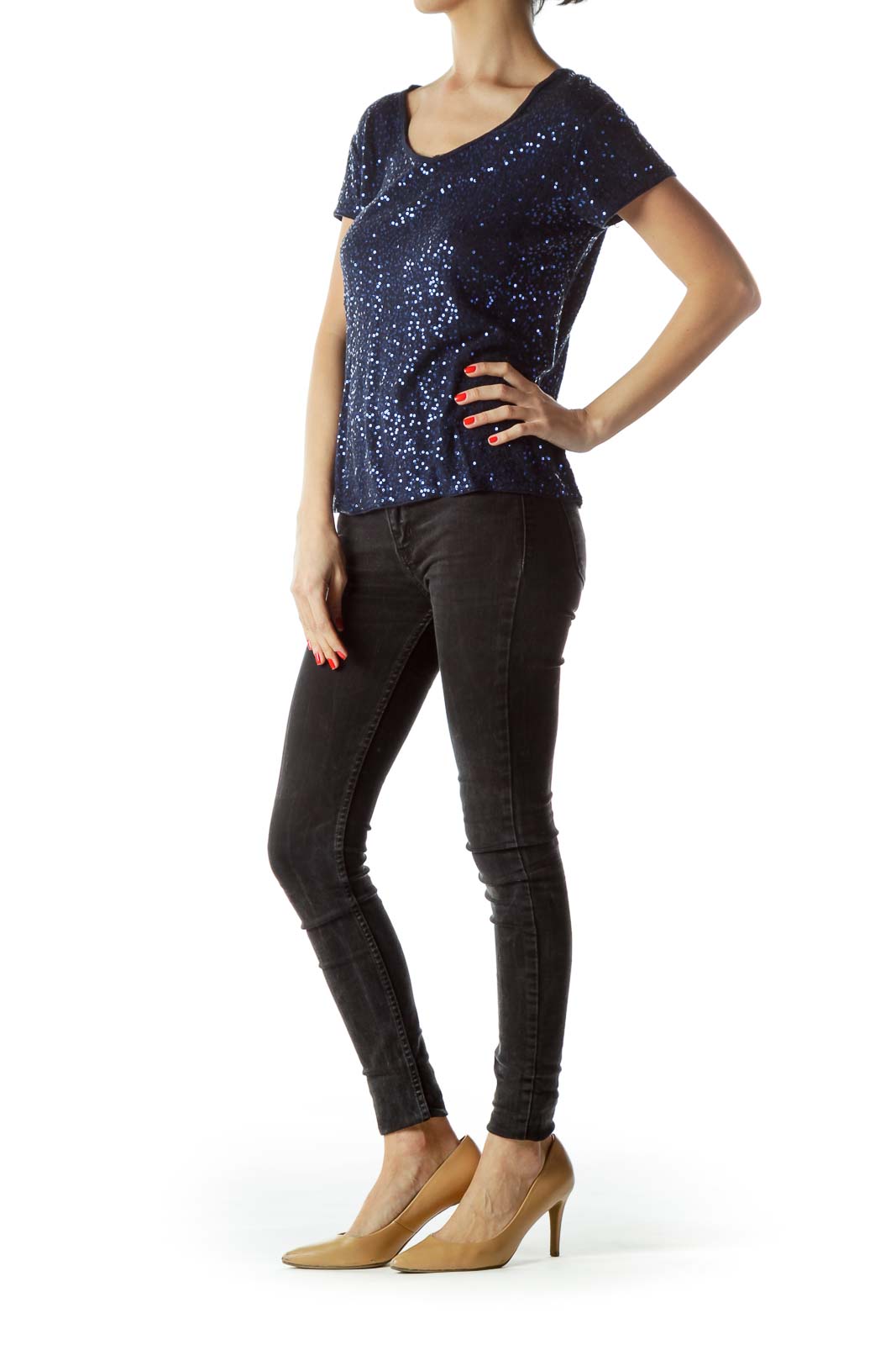 Blue Sequined Short Sleeve T-Shirt