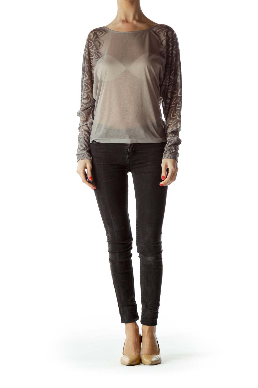 Front view of BCBG MaxAzria taupe sheer top with floral lace long sleeves