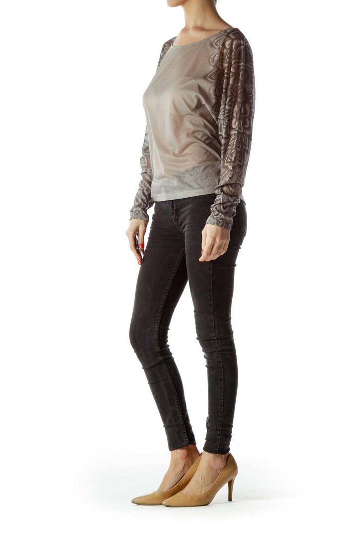 Front view of BCBG MaxAzria taupe sheer top with floral lace long sleeves