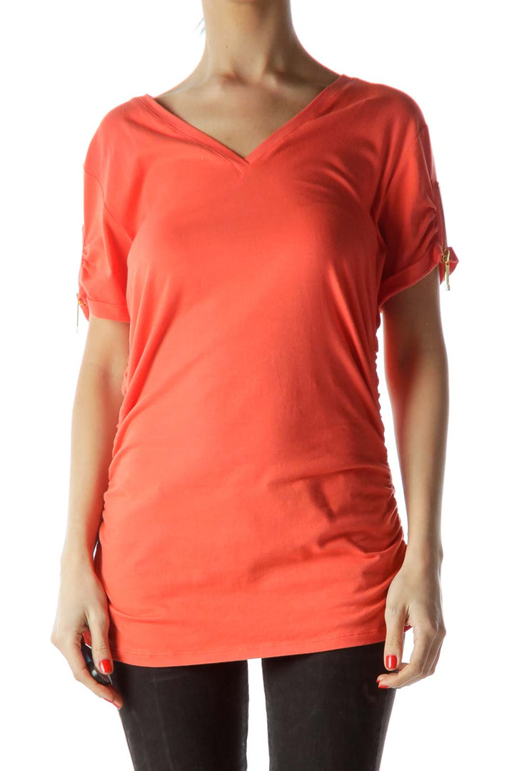 Orange Zipper Sleeve Accent Scrunched Top