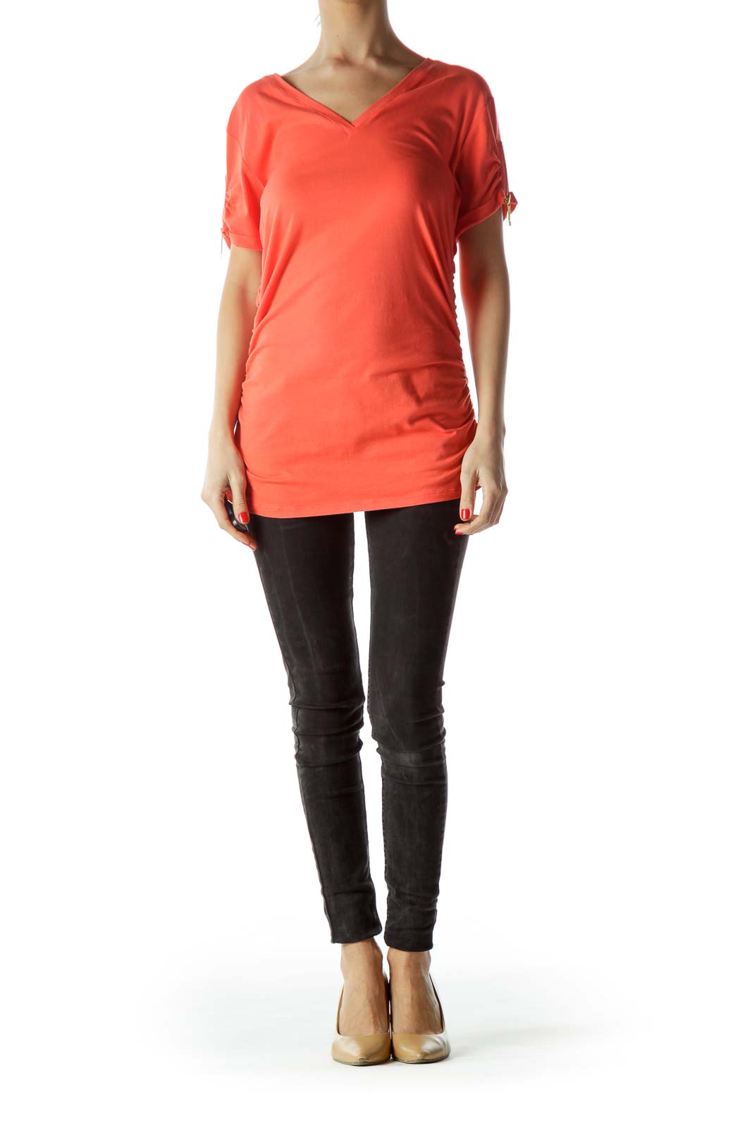 Orange Zipper Sleeve Accent Scrunched Top