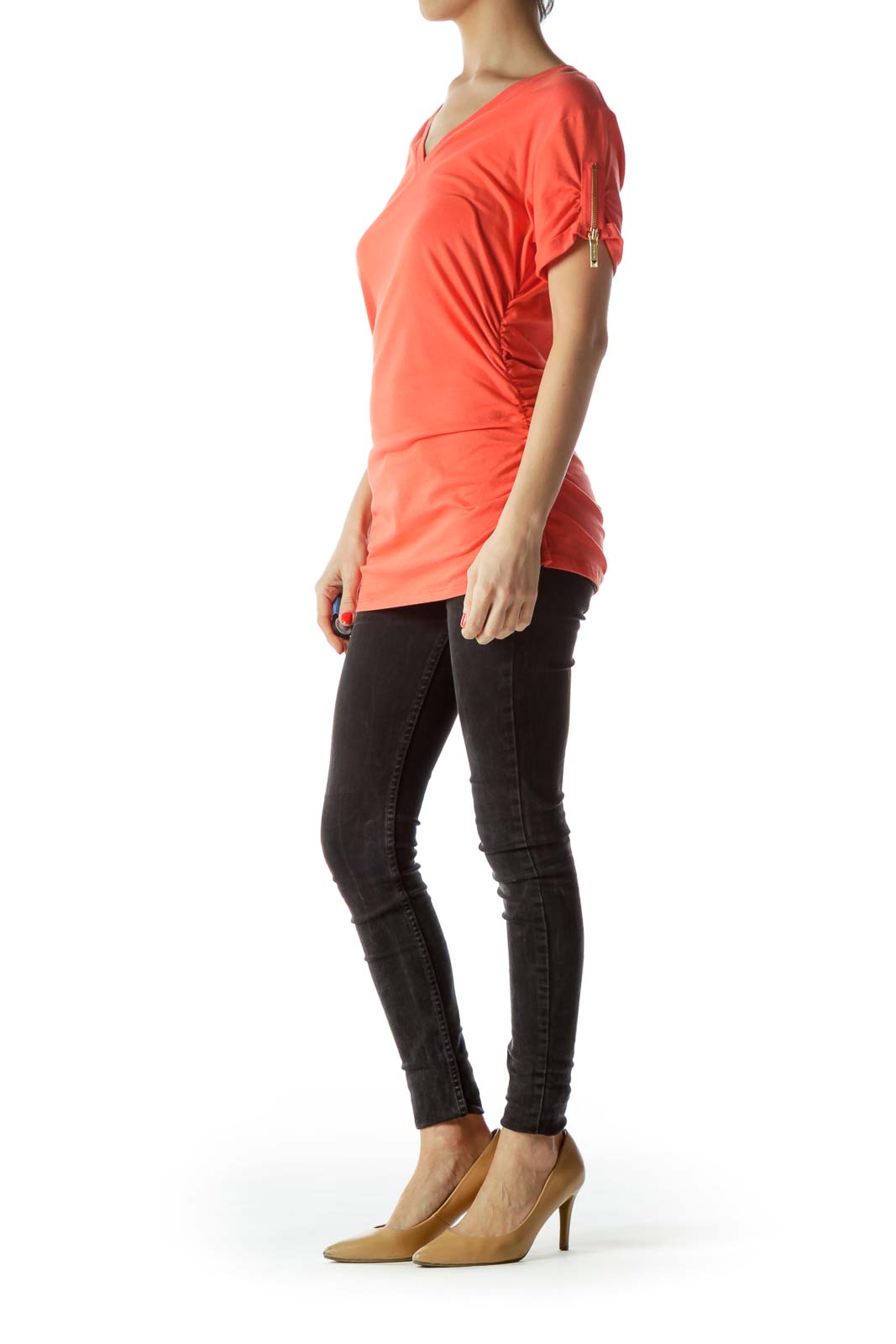 Orange Zipper Sleeve Accent Scrunched Top