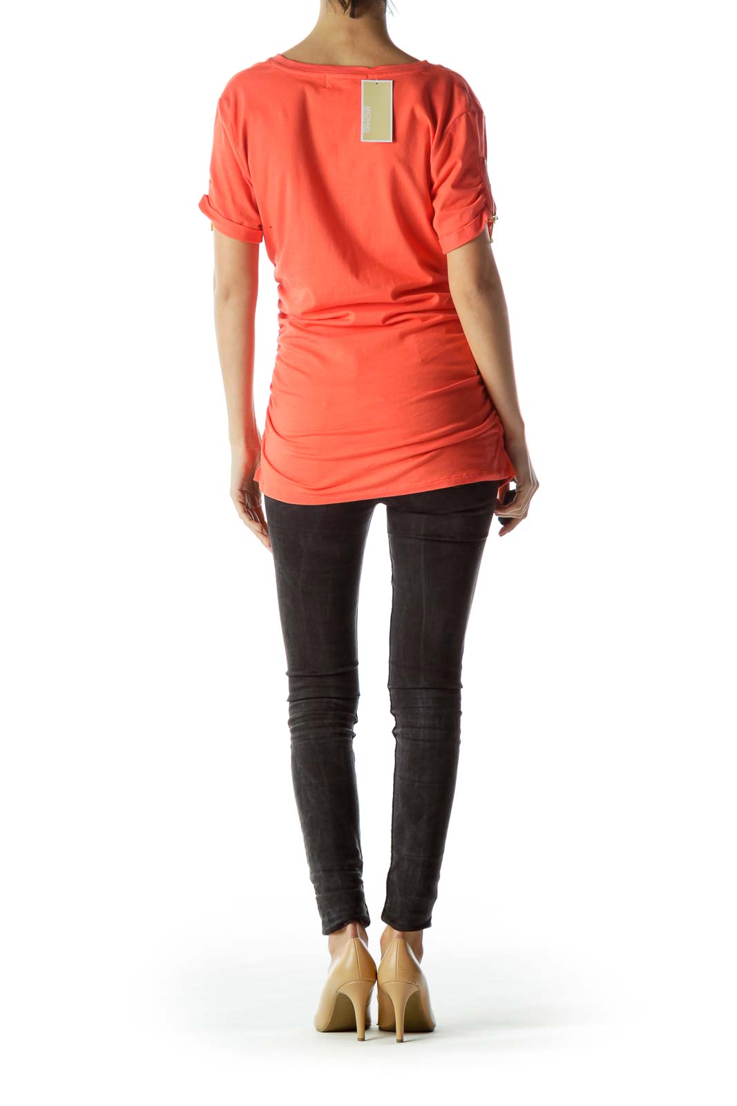 Orange Zipper Sleeve Accent Scrunched Top