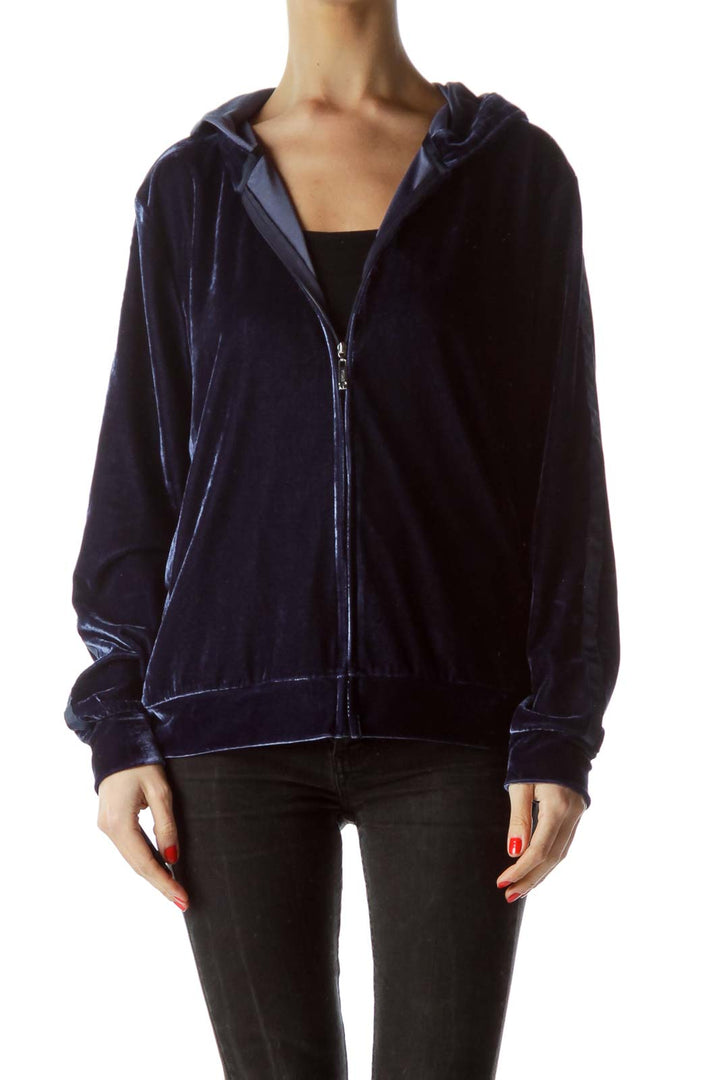 Blue Velvet Zippered Hooded Track Jacket