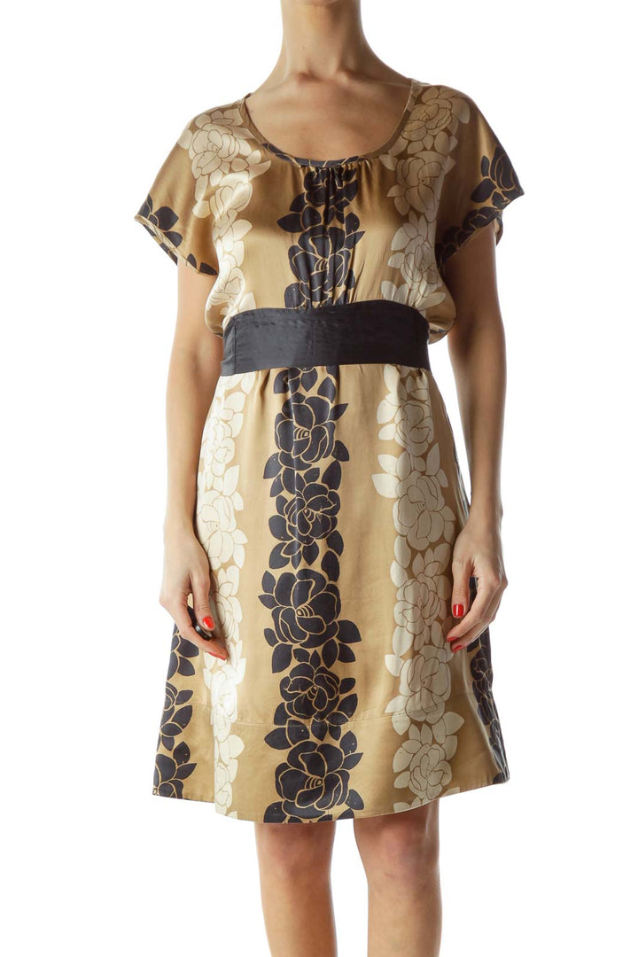 Front view of SilkRoll beige floral print empire waist dress with cap sleeves