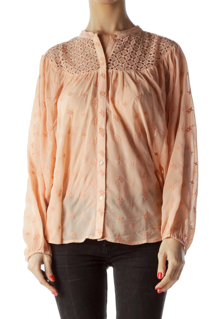 Peach Color Embroidered Long Sleeve Blouse