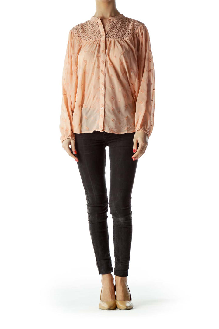 Peach Color Embroidered Long Sleeve Blouse