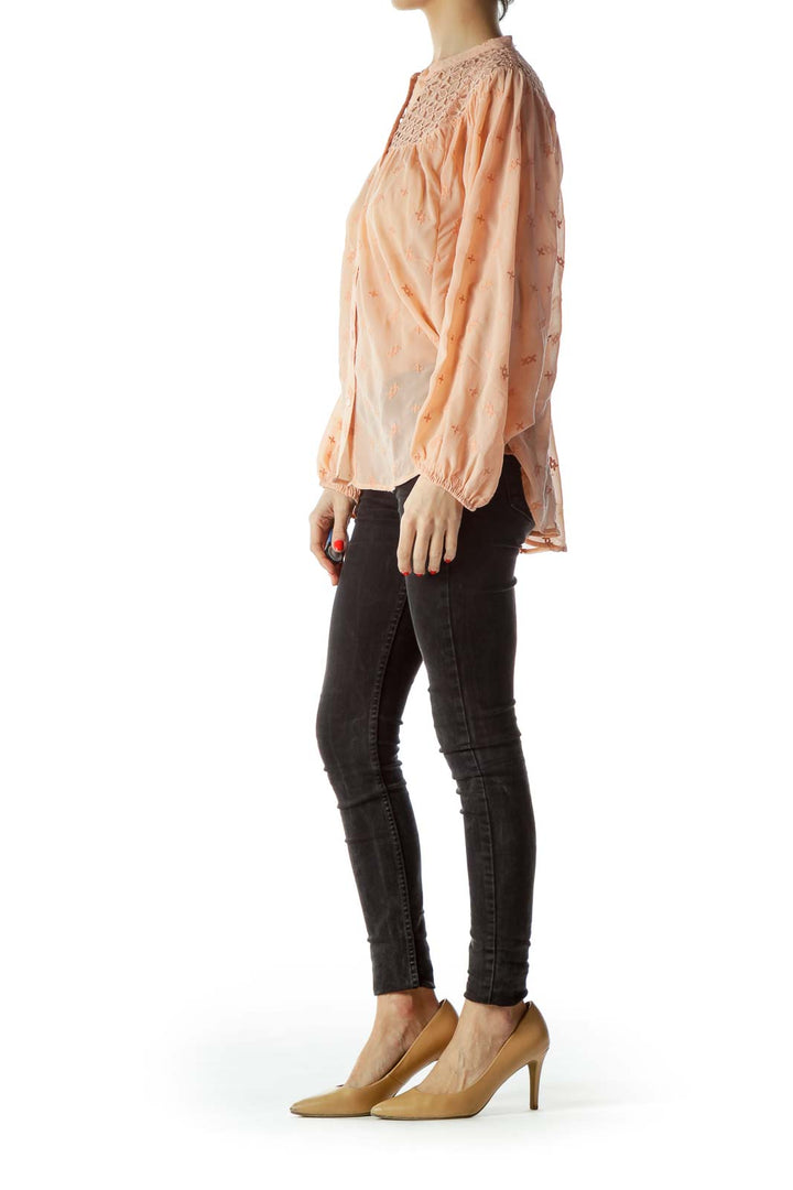 Peach Color Embroidered Long Sleeve Blouse