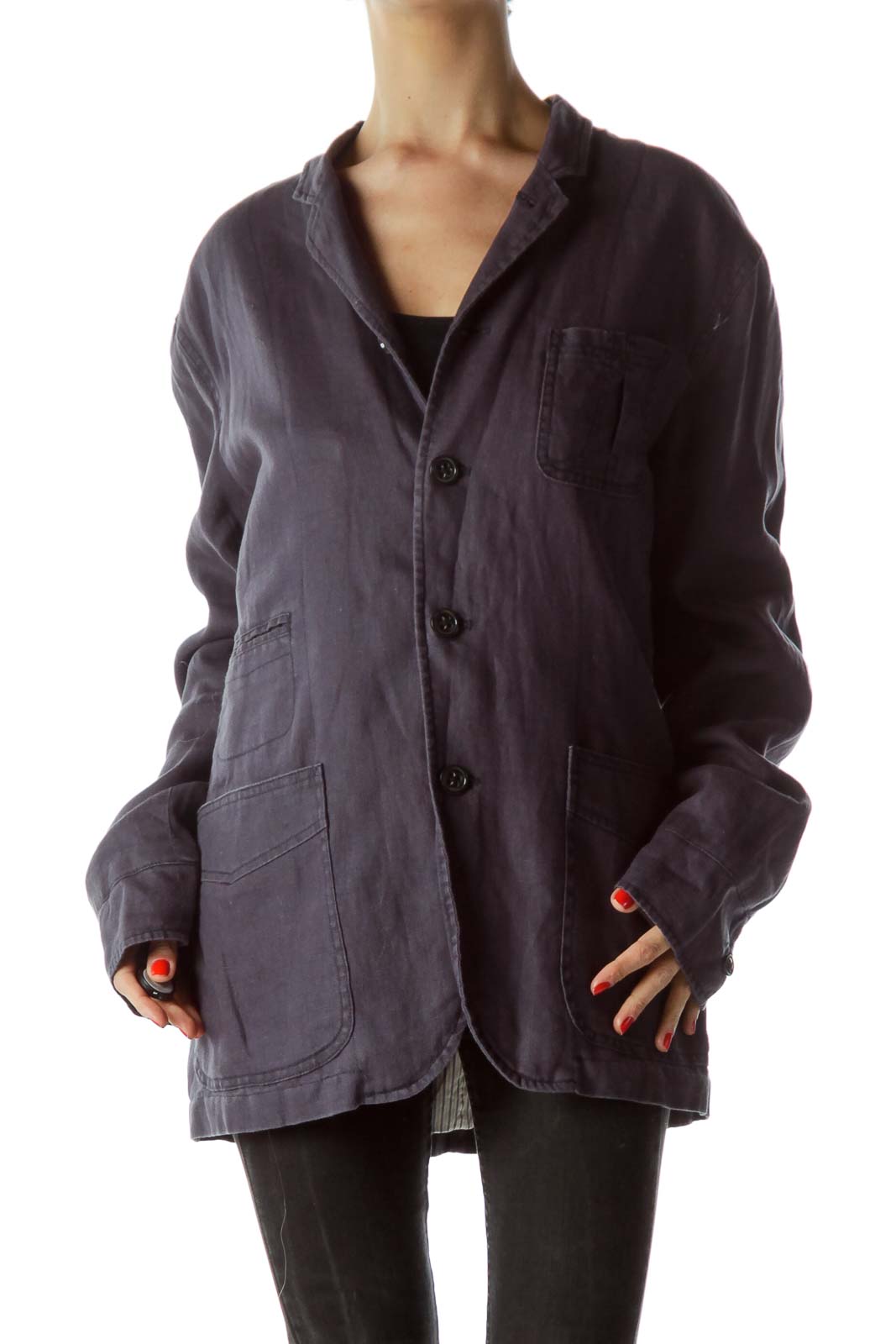 Front view of Faconnable navy oversized button-up jacket